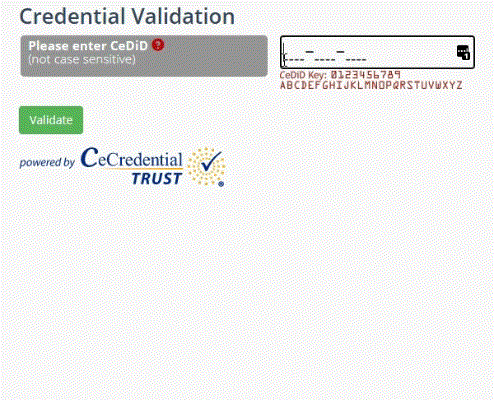 Demo of user typing a valid cedid into the ce-validation form and submitting the form with a response table popping into the bottom of the screen.