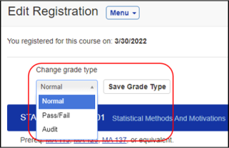 A screenshot of the edit registration section of myUK GPS showing the location of the Change grade type option.