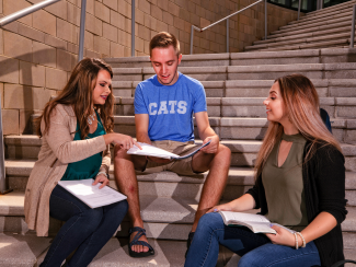 A group of students sitting on steps studying together.