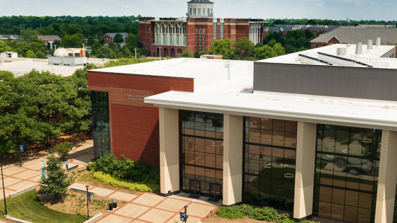 An aerial view of Jacobs Science Building and Young Library.