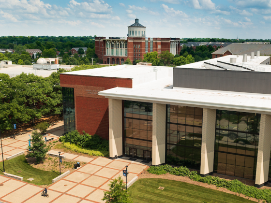 An aerial view of Jacobs Science Building and Young Library.