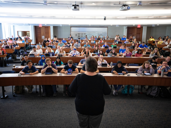 The view of a large class lecture from behind the instructor looking toward the students.