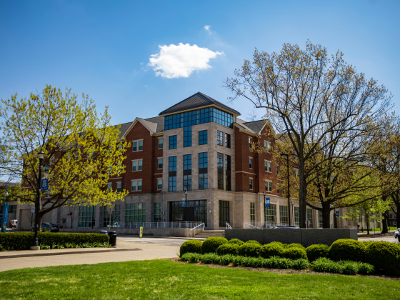 A view of Lewis Honors College flanked by trees during early spring.